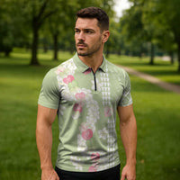 Leaf Green Hawaii Anthurium Plumeria Lei Zipper Polo Shirt LT9 - Polynesian Pride