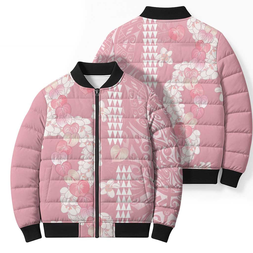 Soft Pink Hawaii Anthurium Plumeria Lei Bomber Puffer Jacket LT9 - Polynesian Pride