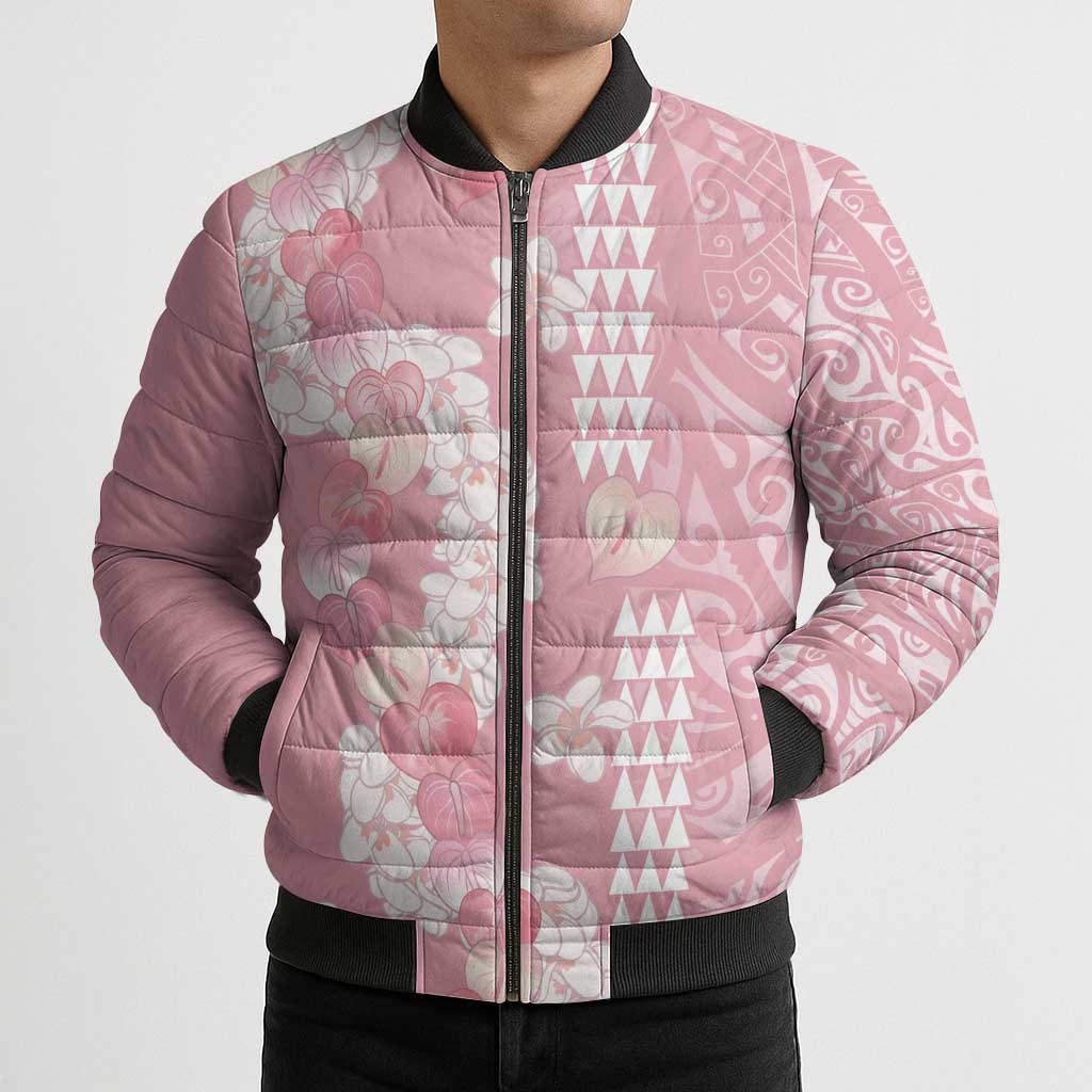 Soft Pink Hawaii Anthurium Plumeria Lei Bomber Puffer Jacket LT9 - Polynesian Pride