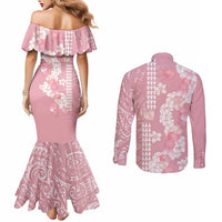 Soft Pink Hawaii Anthurium Plumeria Lei Couples Matching Mermaid Dress and Long Sleeve Button Shirt LT9 - Polynesian Pride