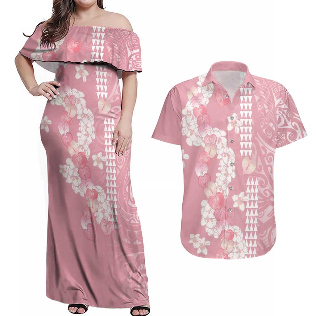 Soft Pink Hawaii Anthurium Plumeria Lei Couples Matching Off Shoulder Maxi Dress and Hawaiian Shirt LT9 Pink - Polynesian Pride