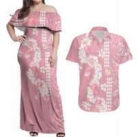 Soft Pink Hawaii Anthurium Plumeria Lei Couples Matching Off Shoulder Maxi Dress and Hawaiian Shirt LT9 Pink - Polynesian Pride
