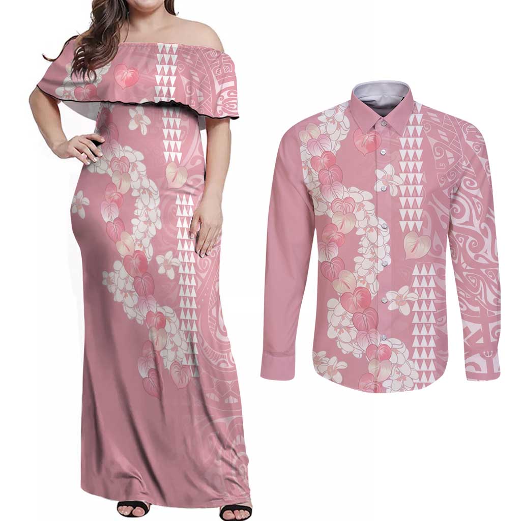 Soft Pink Hawaii Anthurium Plumeria Lei Couples Matching Off Shoulder Maxi Dress and Long Sleeve Button Shirt LT9 Pink - Polynesian Pride