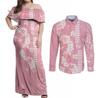 Soft Pink Hawaii Anthurium Plumeria Lei Couples Matching Off Shoulder Maxi Dress and Long Sleeve Button Shirt LT9 Pink - Polynesian Pride