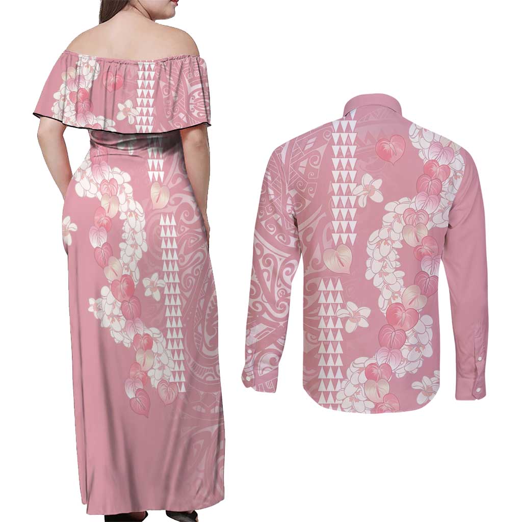 Soft Pink Hawaii Anthurium Plumeria Lei Couples Matching Off Shoulder Maxi Dress and Long Sleeve Button Shirt LT9 - Polynesian Pride