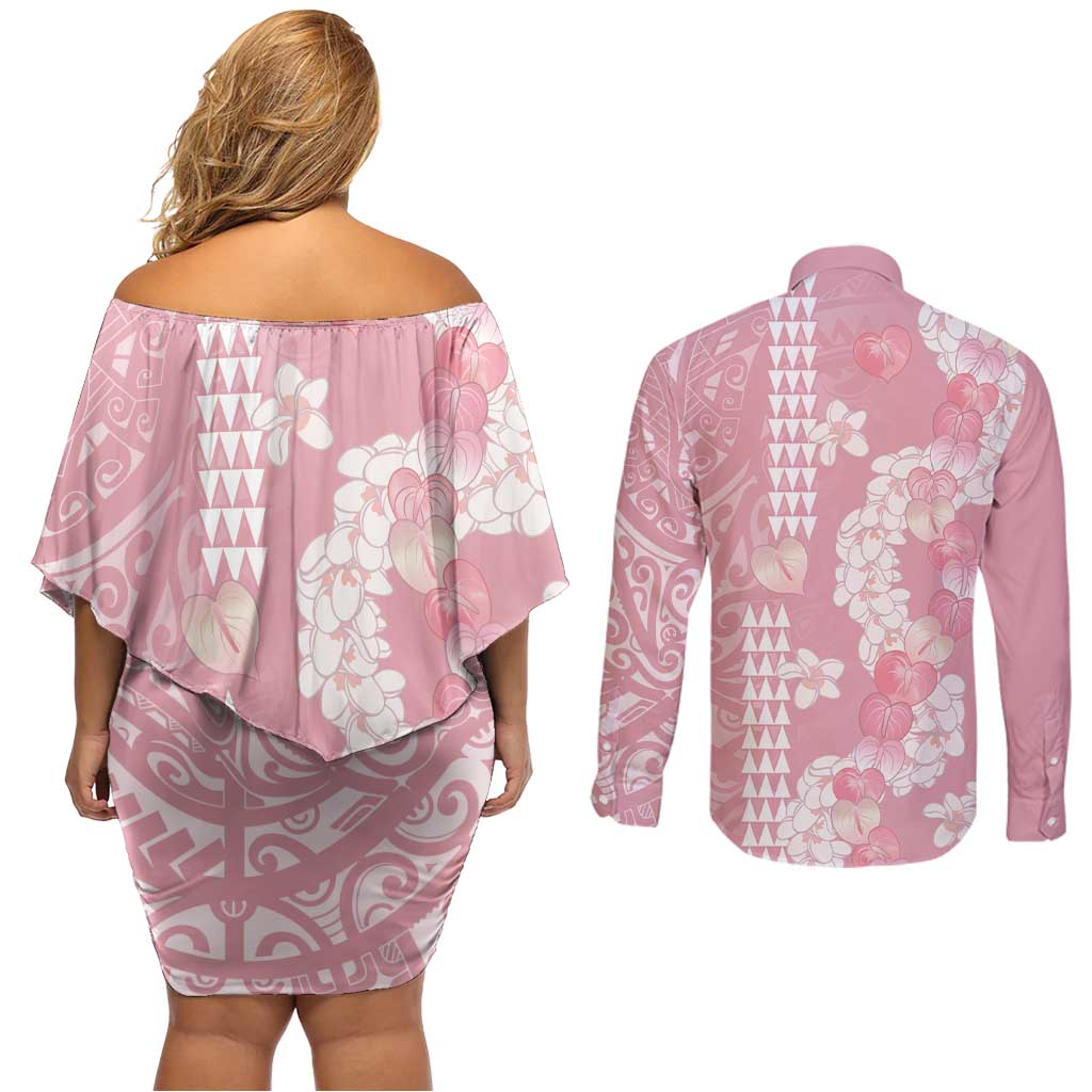 Soft Pink Hawaii Anthurium Plumeria Lei Couples Matching Off Shoulder Short Dress and Long Sleeve Button Shirt LT9 - Polynesian Pride