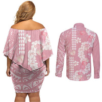 Soft Pink Hawaii Anthurium Plumeria Lei Couples Matching Off Shoulder Short Dress and Long Sleeve Button Shirt LT9 - Polynesian Pride