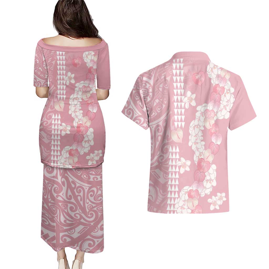 Soft Pink Hawaii Anthurium Plumeria Lei Couples Matching Puletasi and Hawaiian Shirt LT9 - Polynesian Pride