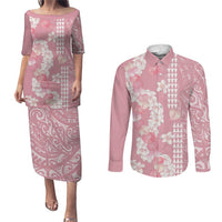Soft Pink Hawaii Anthurium Plumeria Lei Couples Matching Puletasi and Long Sleeve Button Shirt LT9 Pink - Polynesian Pride