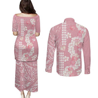 Soft Pink Hawaii Anthurium Plumeria Lei Couples Matching Puletasi and Long Sleeve Button Shirt LT9 - Polynesian Pride