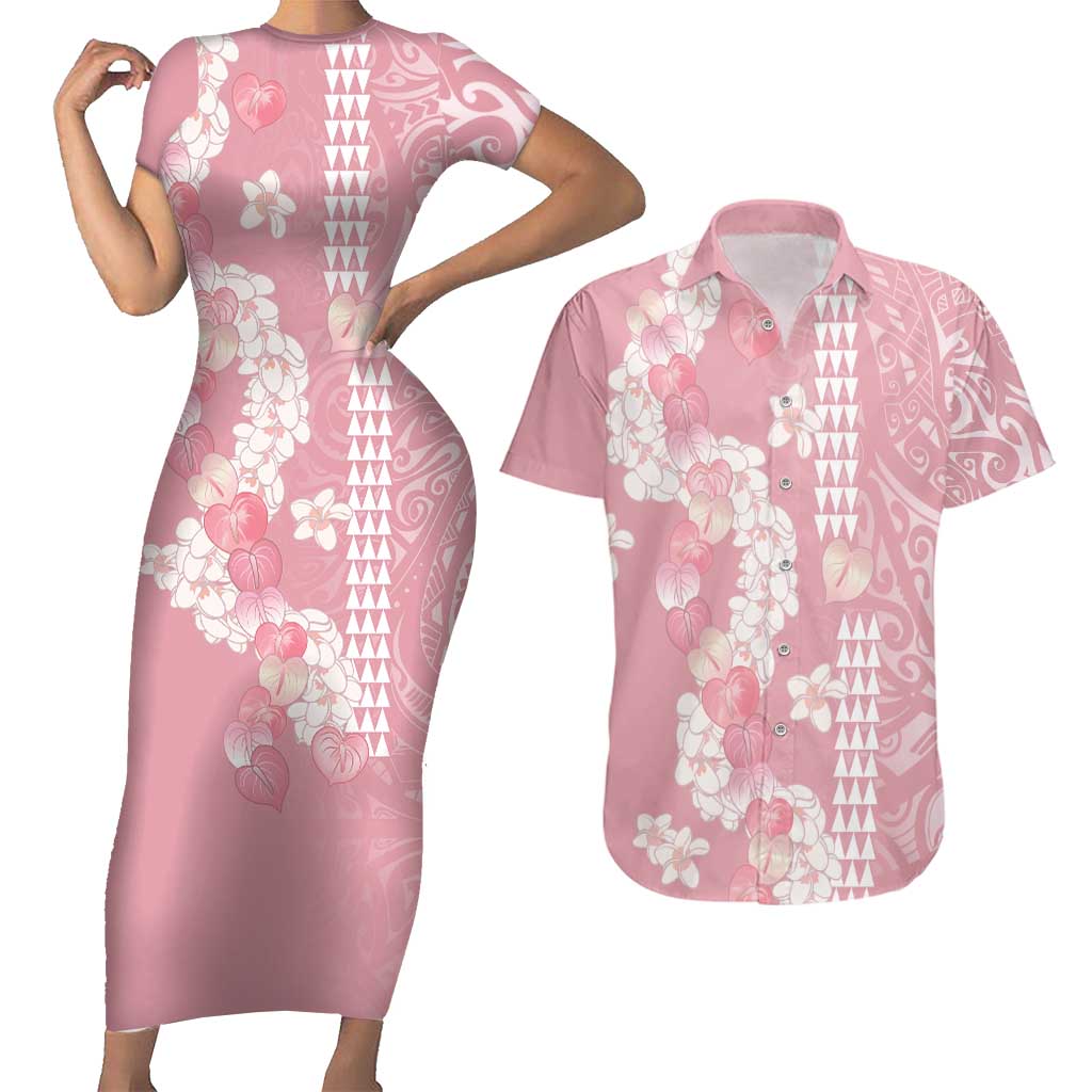 Soft Pink Hawaii Anthurium Plumeria Lei Couples Matching Short Sleeve Bodycon Dress and Hawaiian Shirt