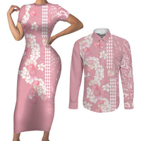Soft Pink Hawaii Anthurium Plumeria Lei Couples Matching Short Sleeve Bodycon Dress and Long Sleeve Button Shirt LT9 Pink - Polynesian Pride