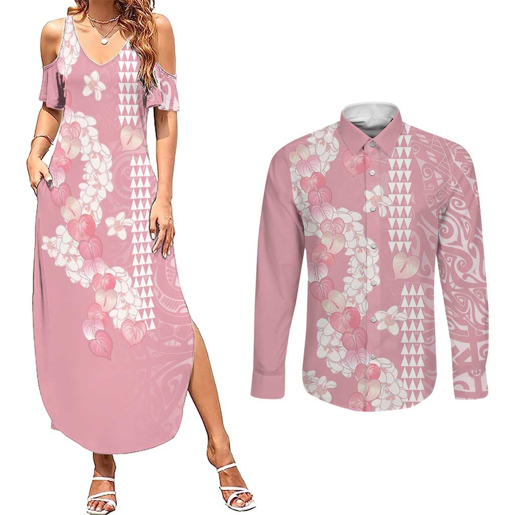 Soft Pink Hawaii Anthurium Plumeria Lei Couples Matching Summer Maxi Dress and Long Sleeve Button Shirt LT9 Pink - Polynesian Pride