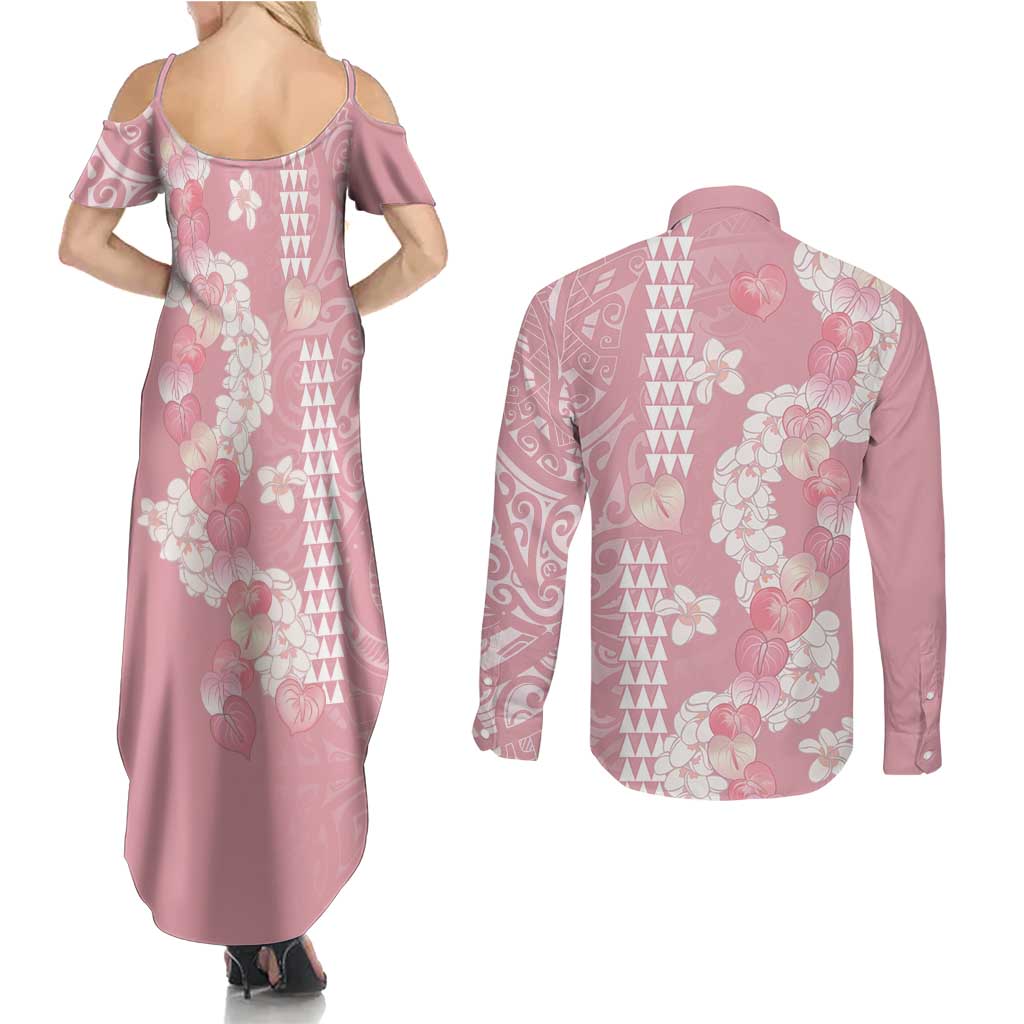 Soft Pink Hawaii Anthurium Plumeria Lei Couples Matching Summer Maxi Dress and Long Sleeve Button Shirt LT9 - Polynesian Pride
