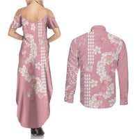 Soft Pink Hawaii Anthurium Plumeria Lei Couples Matching Summer Maxi Dress and Long Sleeve Button Shirt LT9 - Polynesian Pride