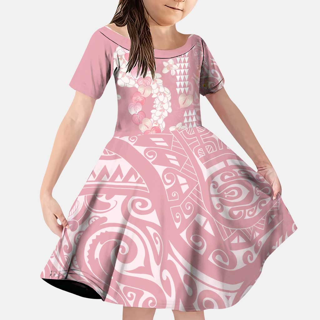Soft Pink Hawaii Anthurium Plumeria Lei Family Matching Long Sleeve Bodycon Dress and Hawaiian Shirt