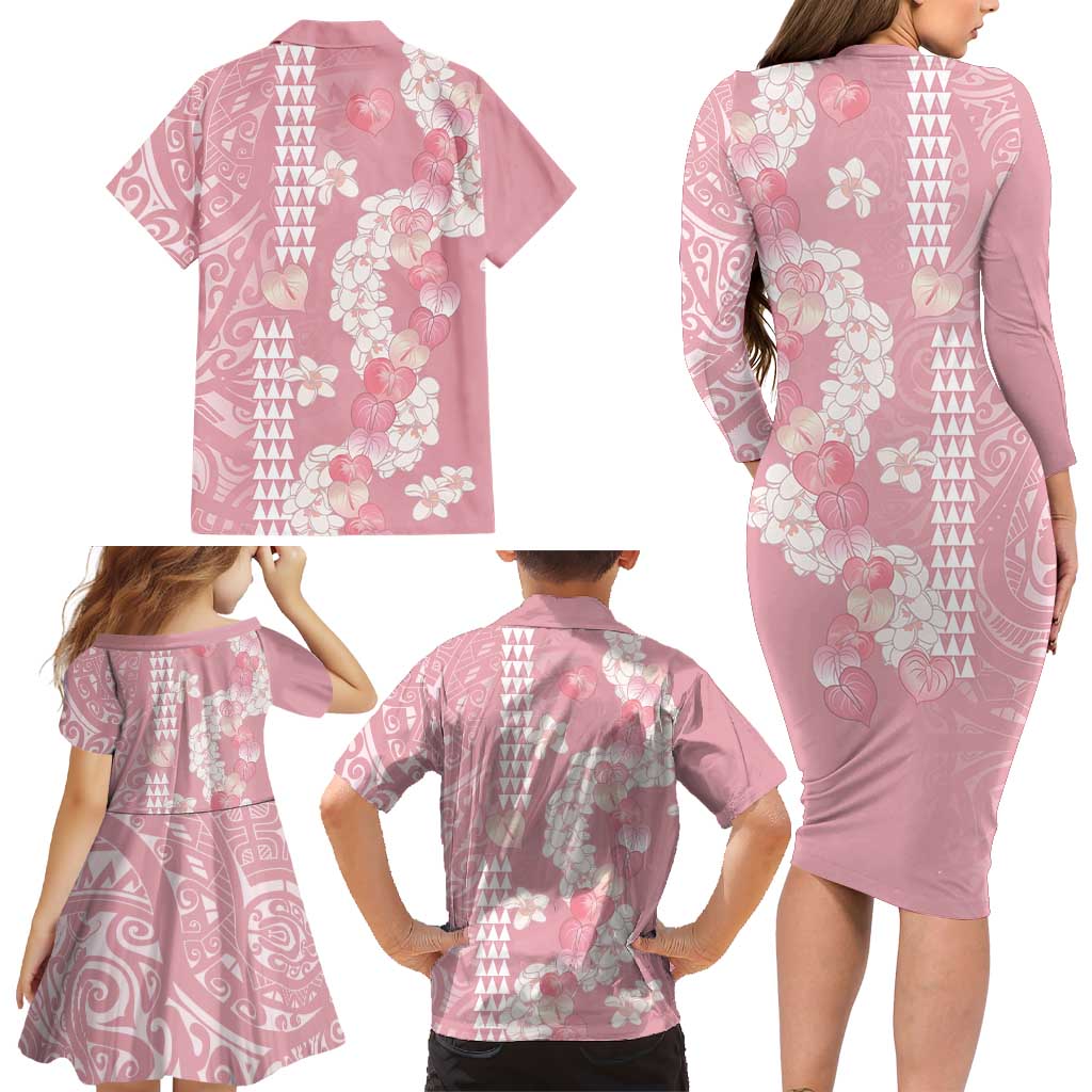 Soft Pink Hawaii Anthurium Plumeria Lei Family Matching Long Sleeve Bodycon Dress and Hawaiian Shirt