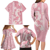 Soft Pink Hawaii Anthurium Plumeria Lei Family Matching Long Sleeve Bodycon Dress and Hawaiian Shirt