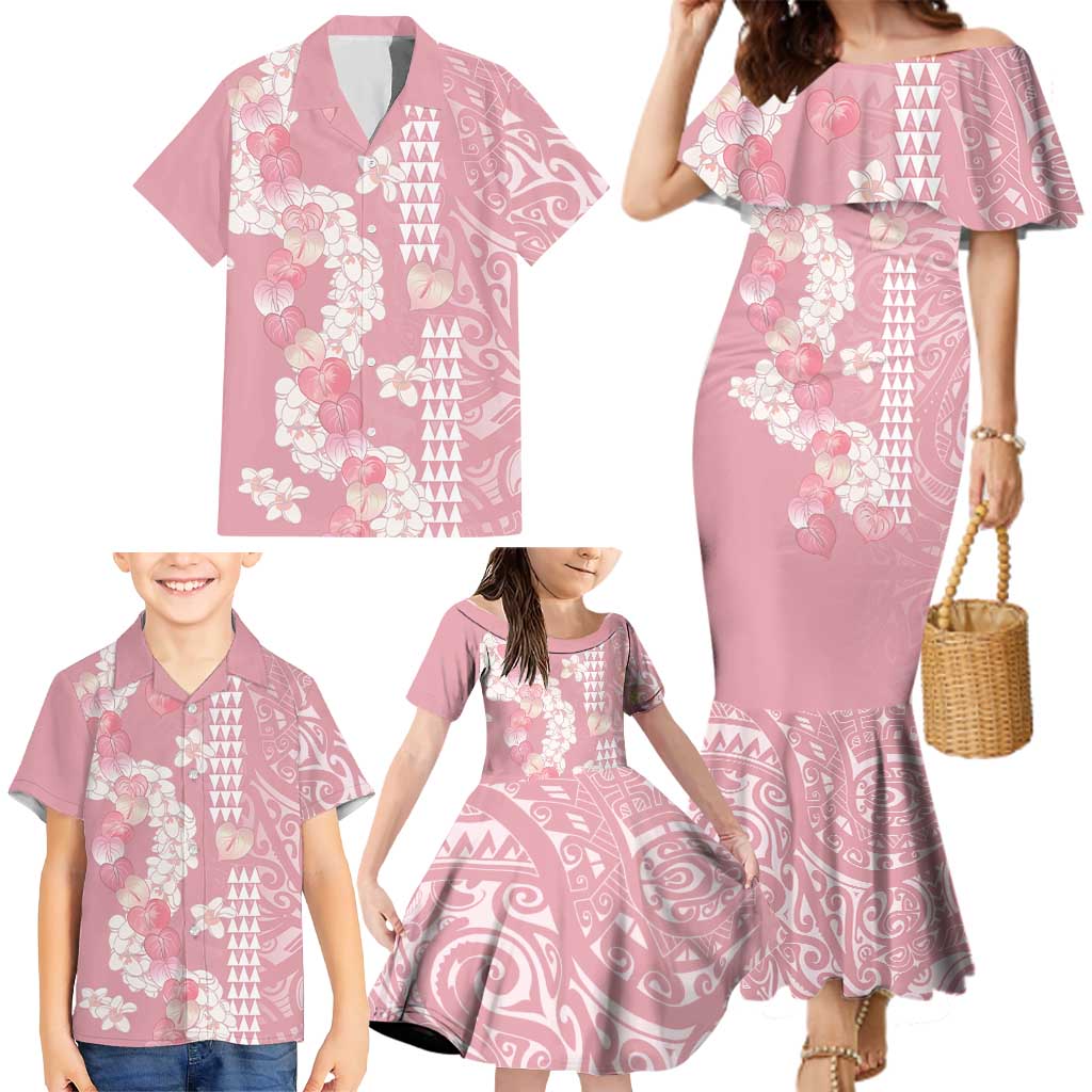 Soft Pink Hawaii Anthurium Plumeria Lei Family Matching Mermaid Dress and Hawaiian Shirt