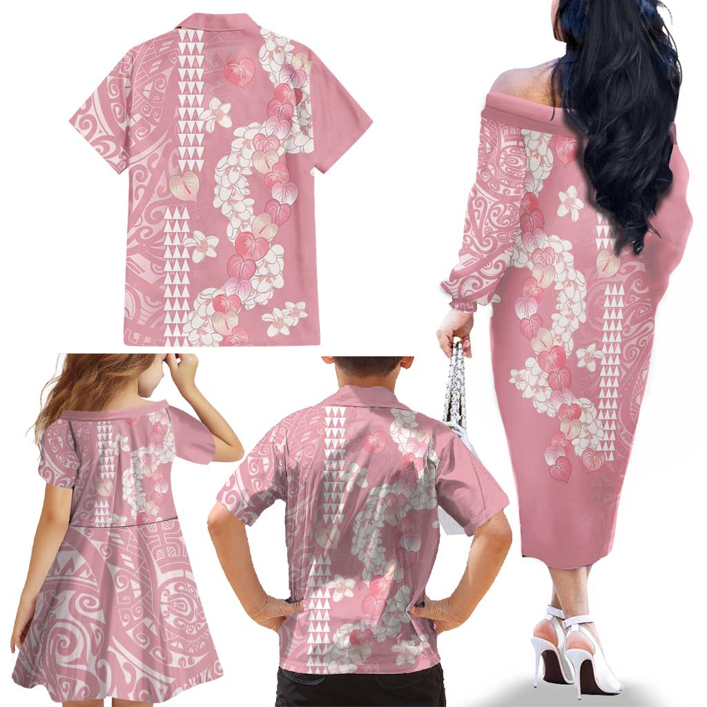 Soft Pink Hawaii Anthurium Plumeria Lei Family Matching Off The Shoulder Long Sleeve Dress and Hawaiian Shirt