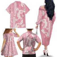 Soft Pink Hawaii Anthurium Plumeria Lei Family Matching Off The Shoulder Long Sleeve Dress and Hawaiian Shirt