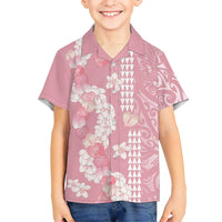 Soft Pink Hawaii Anthurium Plumeria Lei Family Matching Off The Shoulder Long Sleeve Dress and Hawaiian Shirt