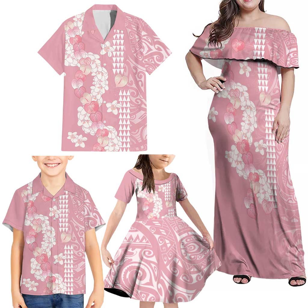Soft Pink Hawaii Anthurium Plumeria Lei Family Matching Off Shoulder Maxi Dress and Hawaiian Shirt