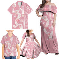 Soft Pink Hawaii Anthurium Plumeria Lei Family Matching Off Shoulder Maxi Dress and Hawaiian Shirt
