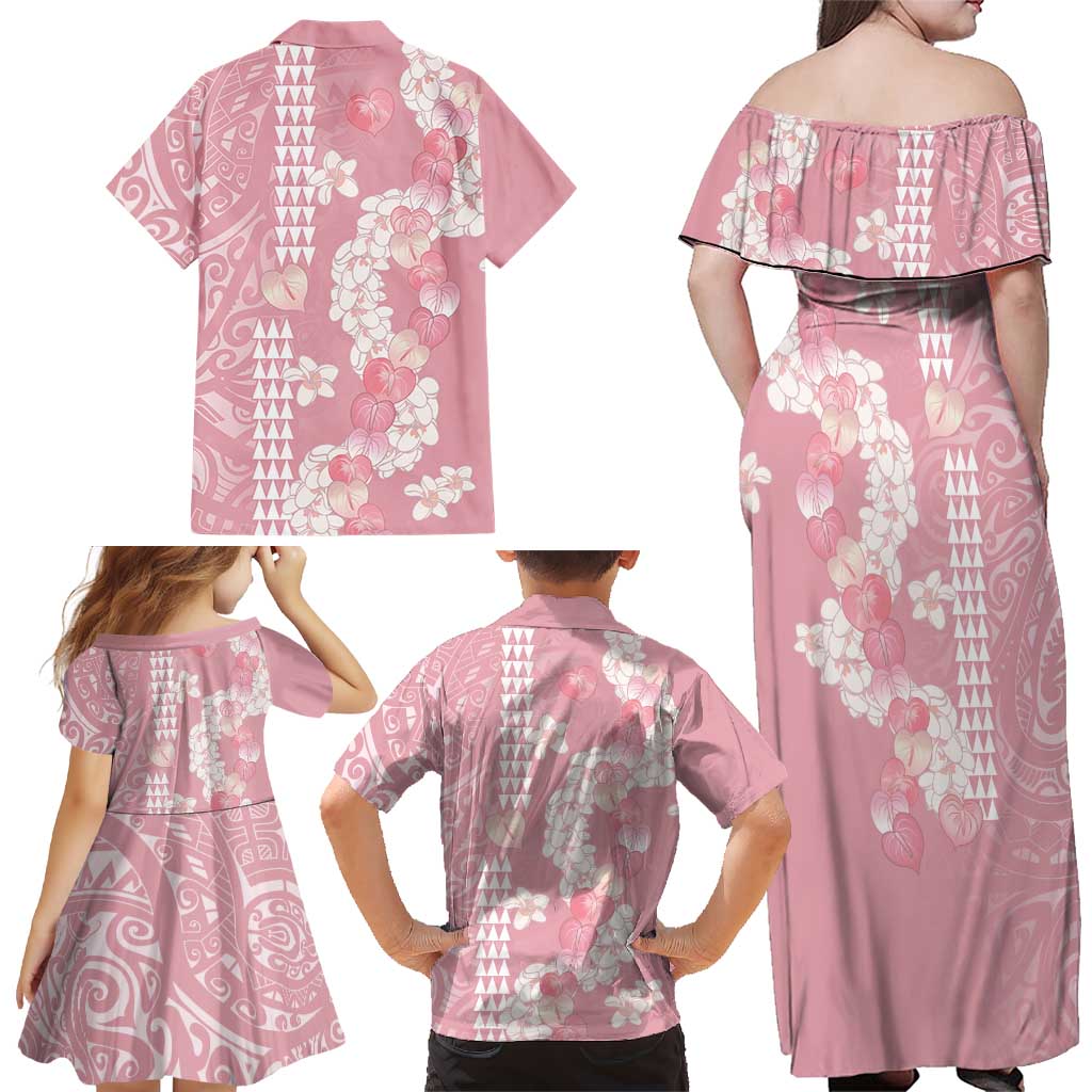 Soft Pink Hawaii Anthurium Plumeria Lei Family Matching Off Shoulder Maxi Dress and Hawaiian Shirt