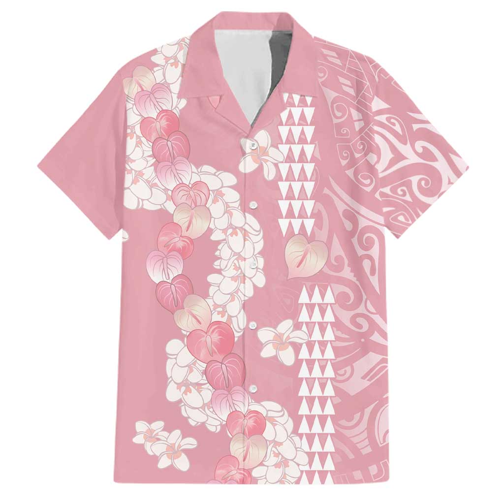 Soft Pink Hawaii Anthurium Plumeria Lei Family Matching Off Shoulder Maxi Dress and Hawaiian Shirt