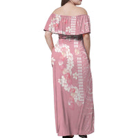 Soft Pink Hawaii Anthurium Plumeria Lei Family Matching Off Shoulder Maxi Dress and Hawaiian Shirt