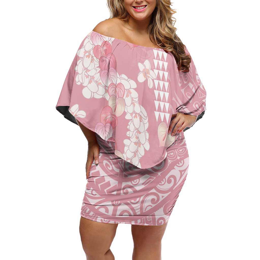 Soft Pink Hawaii Anthurium Plumeria Lei Family Matching Off Shoulder Short Dress and Hawaiian Shirt