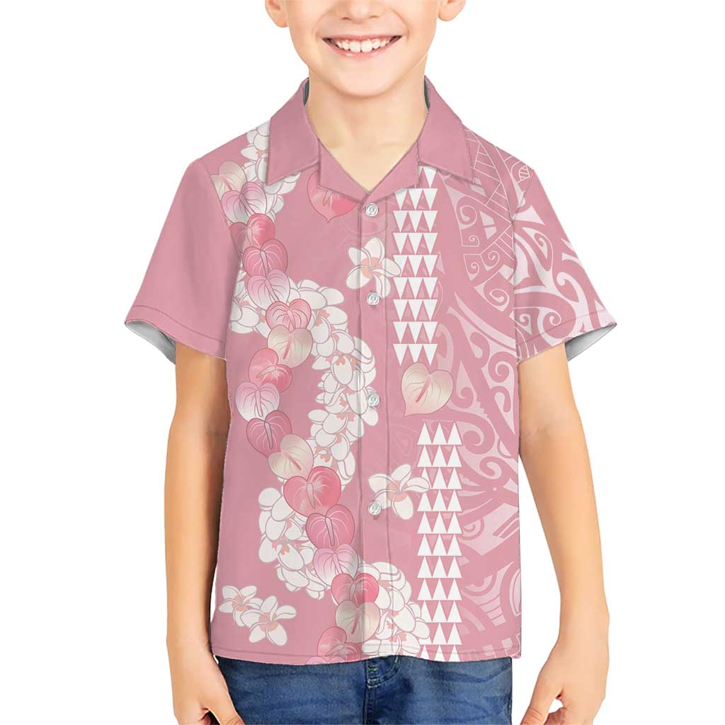 Soft Pink Hawaii Anthurium Plumeria Lei Family Matching Off Shoulder Short Dress and Hawaiian Shirt