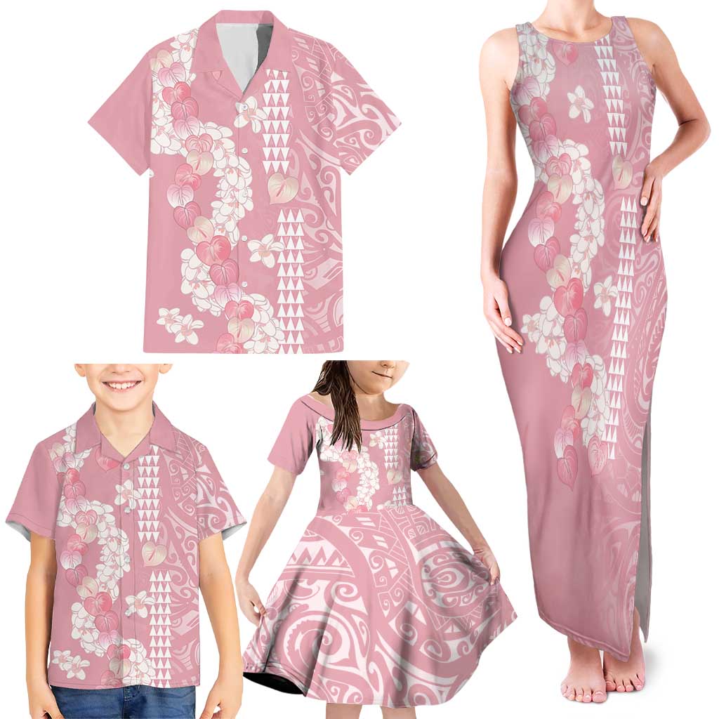 Soft Pink Hawaii Anthurium Plumeria Lei Family Matching Tank Maxi Dress and Hawaiian Shirt