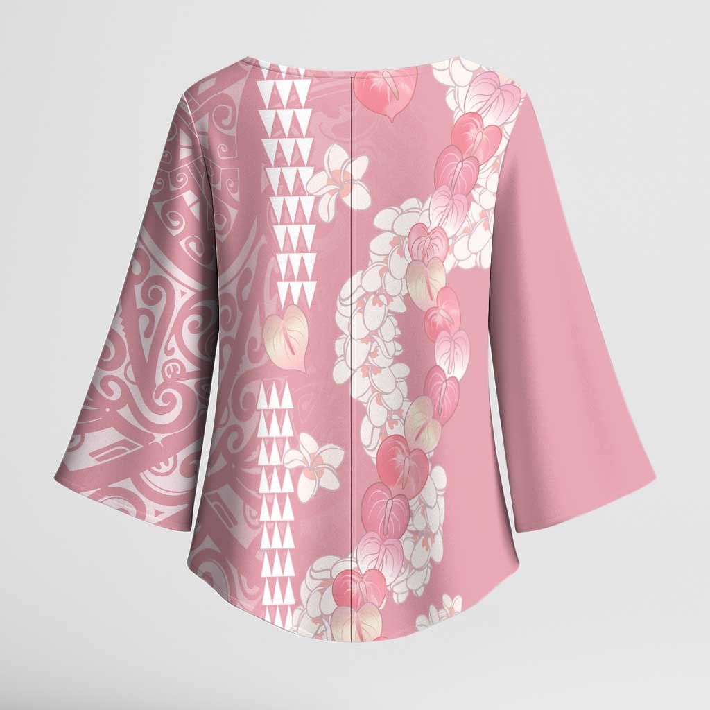 Soft Pink Hawaii Anthurium Plumeria Lei Kimono Sleeve Blouse LT9 - Polynesian Pride