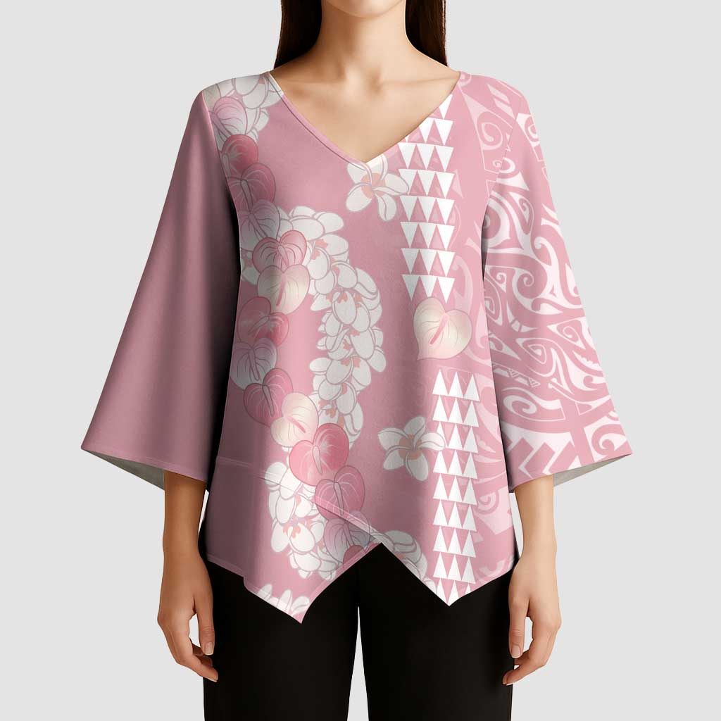 Soft Pink Hawaii Anthurium Plumeria Lei Kimono Sleeve Blouse LT9 - Polynesian Pride