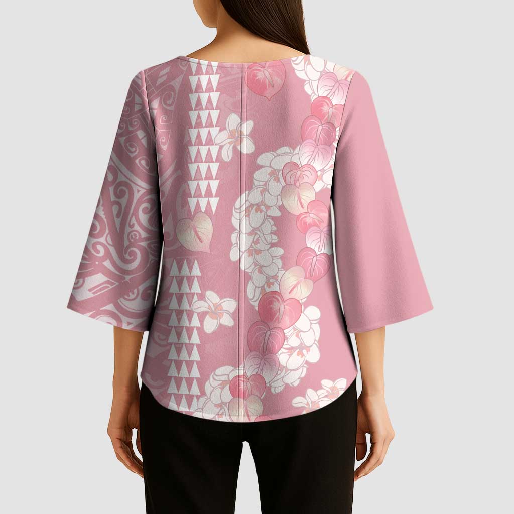 Soft Pink Hawaii Anthurium Plumeria Lei Kimono Sleeve Blouse LT9 - Polynesian Pride