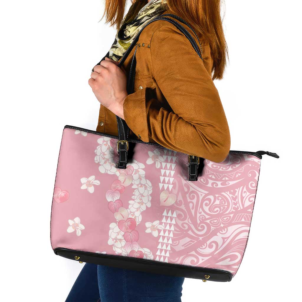 Soft Pink Hawaii Anthurium Plumeria Lei Leather Tote Bag LT9 Pink - Polynesian Pride