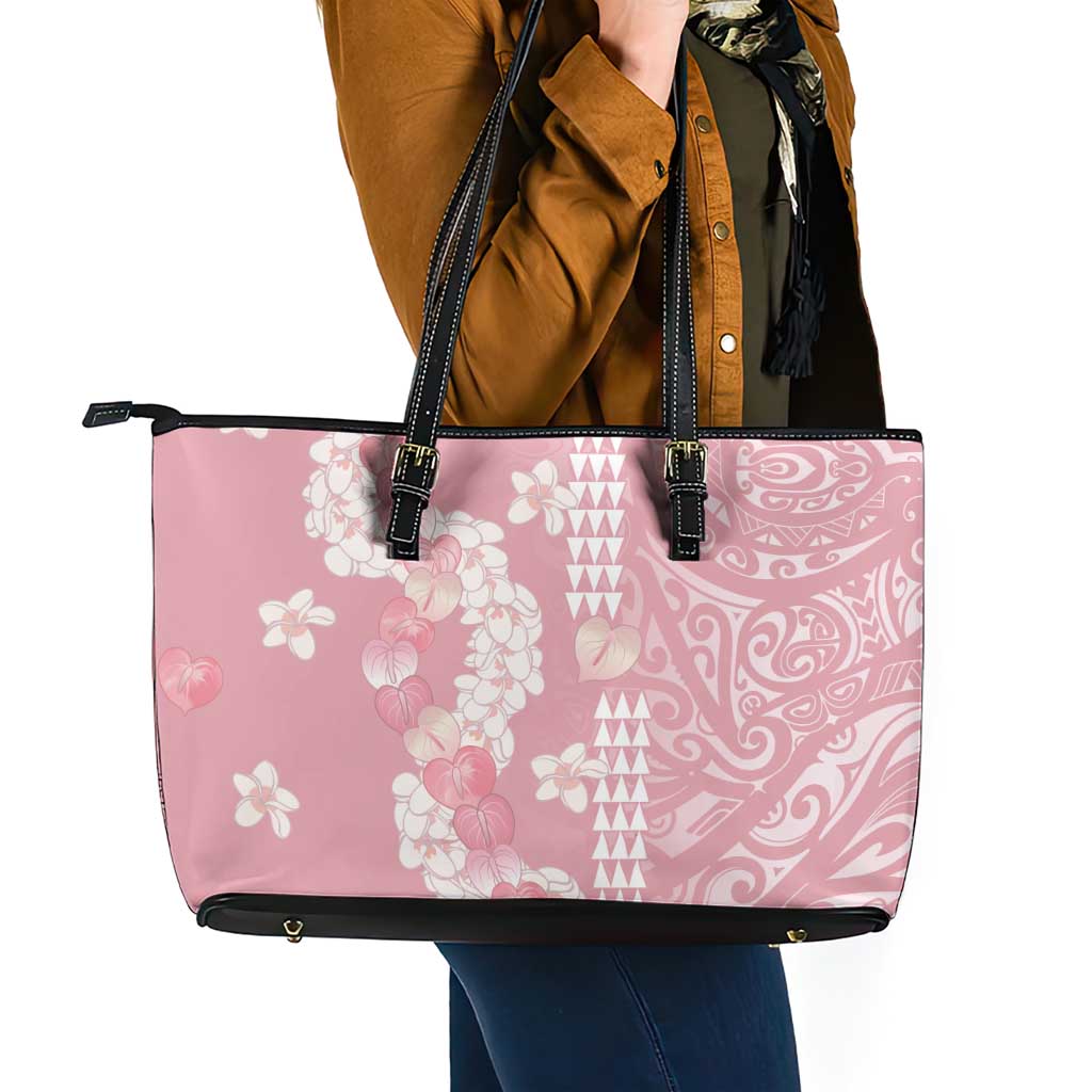 Soft Pink Hawaii Anthurium Plumeria Lei Leather Tote Bag LT9 - Polynesian Pride