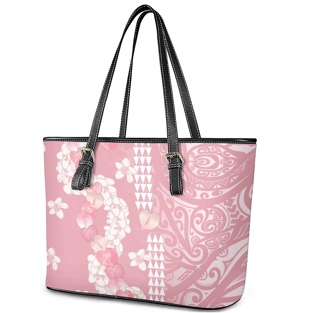 Soft Pink Hawaii Anthurium Plumeria Lei Leather Tote Bag LT9 - Polynesian Pride