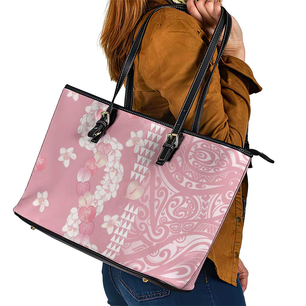 Soft Pink Hawaii Anthurium Plumeria Lei Leather Tote Bag LT9 - Polynesian Pride