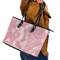 Soft Pink Hawaii Anthurium Plumeria Lei Leather Tote Bag LT9 - Polynesian Pride