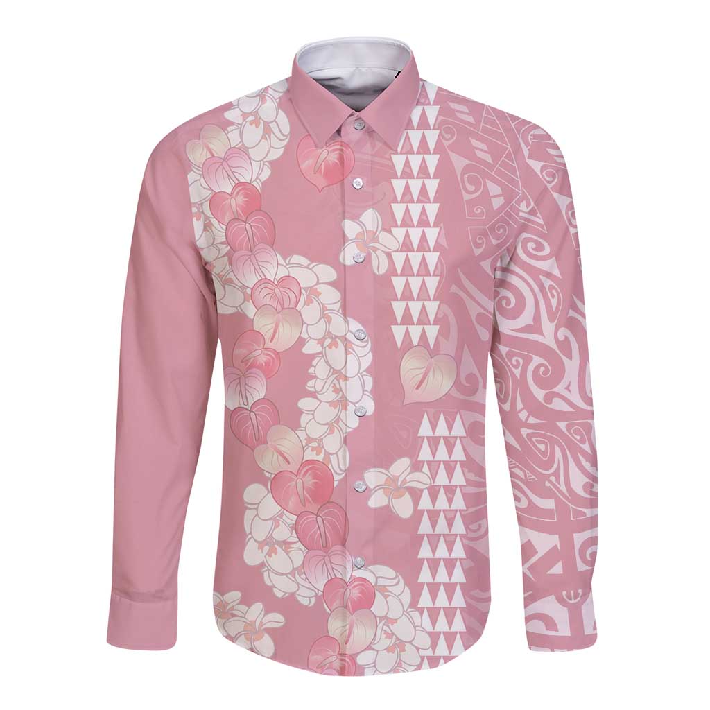 Soft Pink Hawaii Anthurium Plumeria Lei Long Sleeve Button Shirt