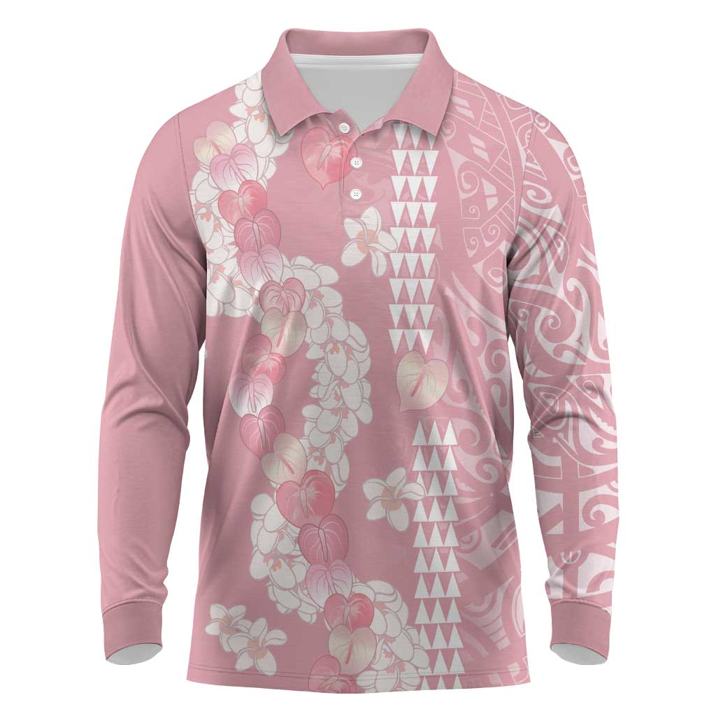 Soft Pink Hawaii Anthurium Plumeria Lei Long Sleeve Polo Shirt LT9 Pink - Polynesian Pride