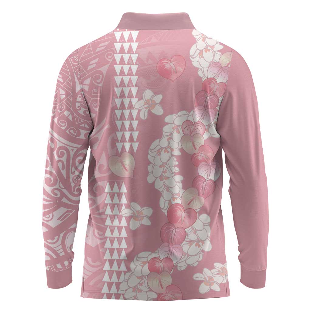 Soft Pink Hawaii Anthurium Plumeria Lei Long Sleeve Polo Shirt LT9 - Polynesian Pride