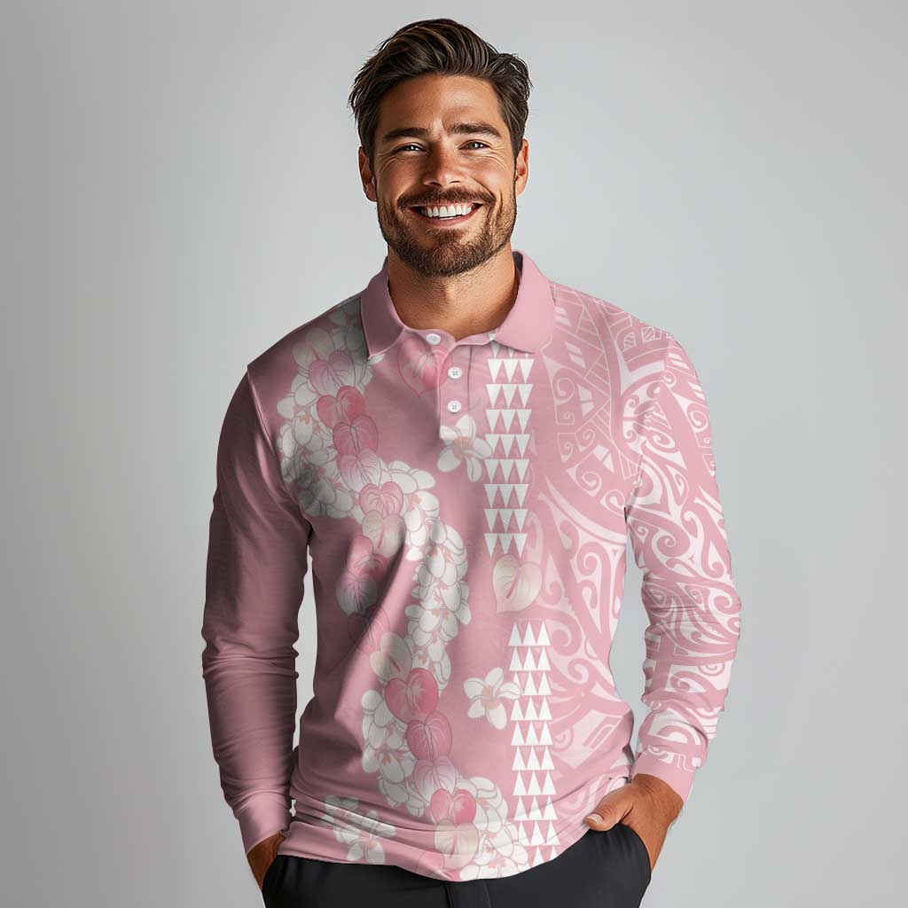 Soft Pink Hawaii Anthurium Plumeria Lei Long Sleeve Polo Shirt LT9 - Polynesian Pride