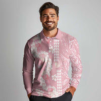 Soft Pink Hawaii Anthurium Plumeria Lei Long Sleeve Polo Shirt LT9 - Polynesian Pride