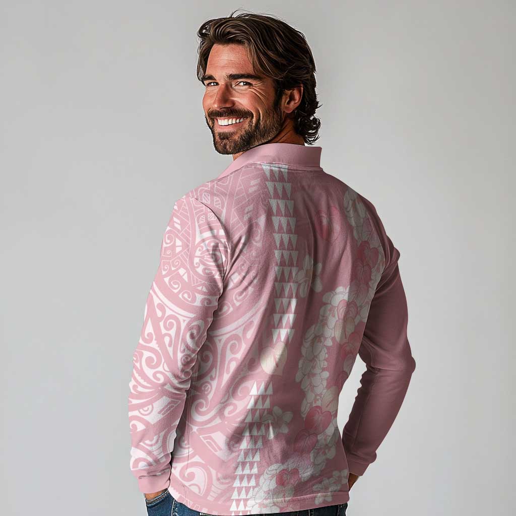 Soft Pink Hawaii Anthurium Plumeria Lei Long Sleeve Polo Shirt LT9 - Polynesian Pride