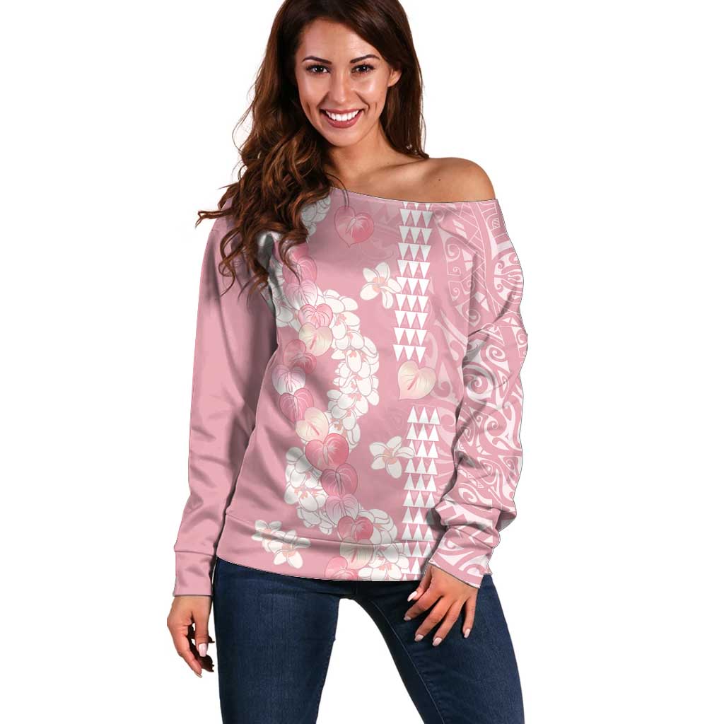 Soft Pink Hawaii Anthurium Plumeria Lei Off Shoulder Sweater LT9 Women Pink - Polynesian Pride