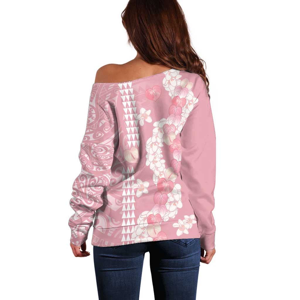 Soft Pink Hawaii Anthurium Plumeria Lei Off Shoulder Sweater LT9 - Polynesian Pride